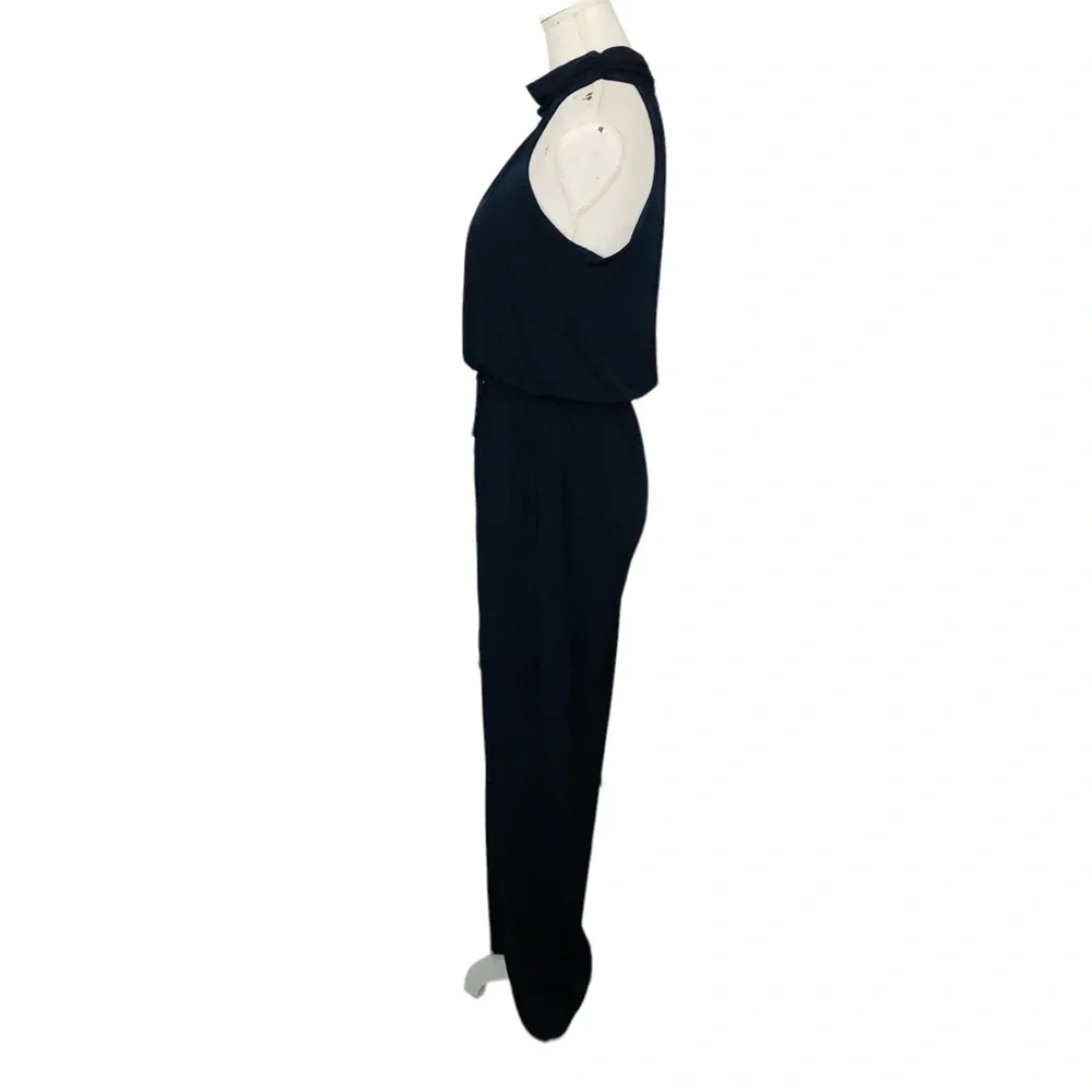 ENFOCUS STUDIO Navy Blue Sleeveless Halter Elastic Tie Waist Stretch Jumpsuit 6 - Picture 6 of 11